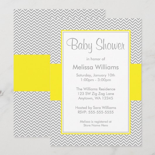 Geel en grijs Chevron Baby Shower Invitaties Kaart (Voorkant / Achterkant)