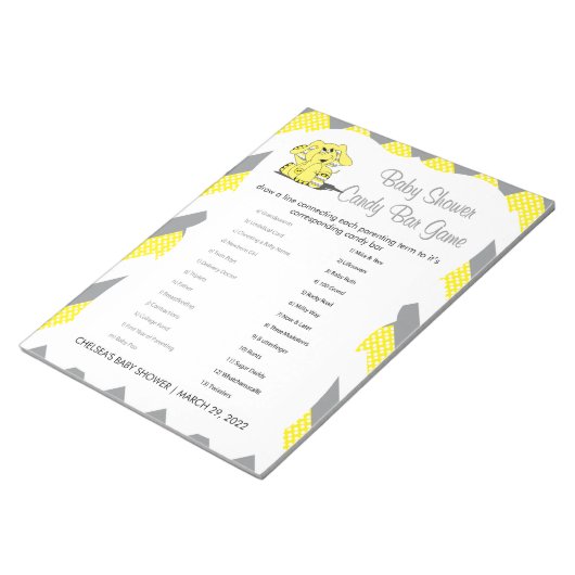 Geel en grijs Chevron Elephant Baby shower Game 2 Notitieblok (Schuin)