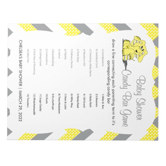 Geel en grijs Chevron Elephant Baby shower Game 2 Notitieblok (Voorkant)