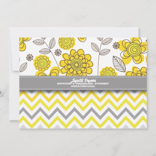 Geel en grijs Chevron Floral Modern Birthday Party Kaart (Achterkant)