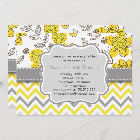 Geel en grijs Chevron Floral Modern Birthday Party Kaart (Voorkant / Achterkant)