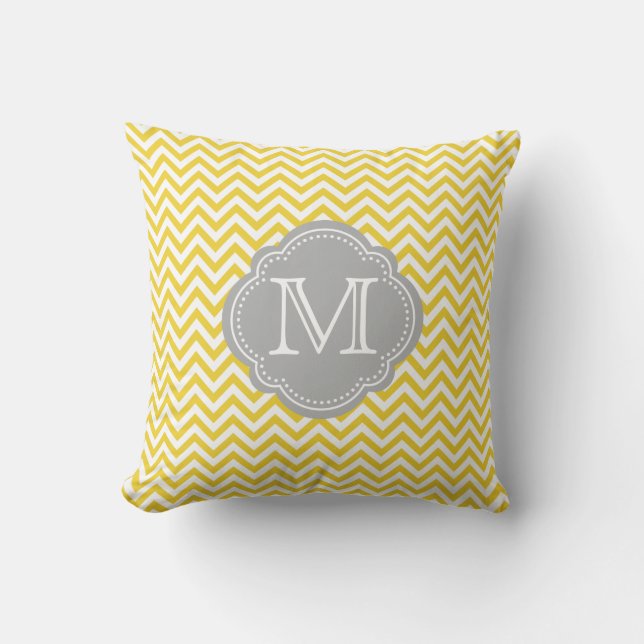 Geel en grijs chevron met monogram kussen (Voorkant)