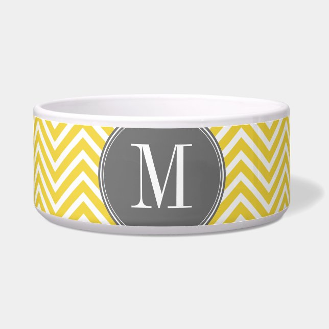 Geel en grijs Chevron Pattern Aangepast monogram Voerbakje (Voorkant)