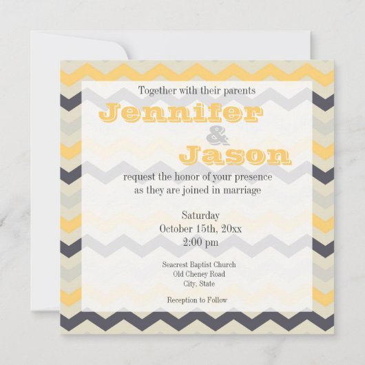Geel en grijs Chevron Stripe Wedding Invitations Kaart (Achterkant)