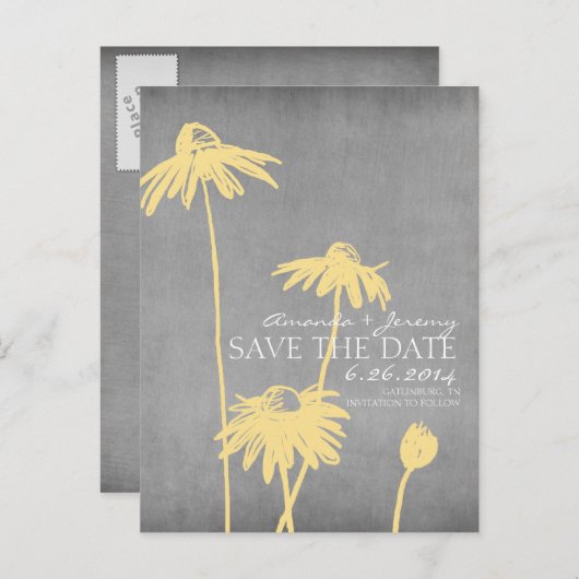 Geel en Grijs Chic Flower Wedding Save the Date Aankondigingskaart (Voorkant / Achterkant)