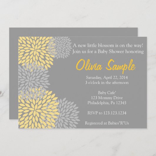 Geel en Grijs Dahlia Baby shower Uitnodiging (Voorkant / Achterkant)