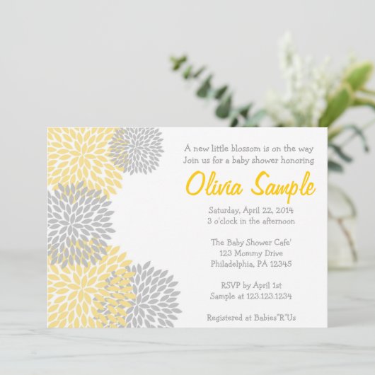 Geel en Grijs Dahlia Baby shower Uitnodiging (Staand voorkant)