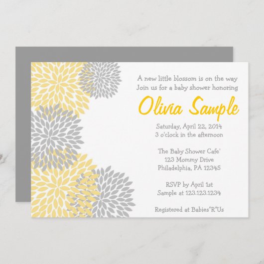 Geel en Grijs Dahlia Baby shower Uitnodiging (Voorkant / Achterkant)