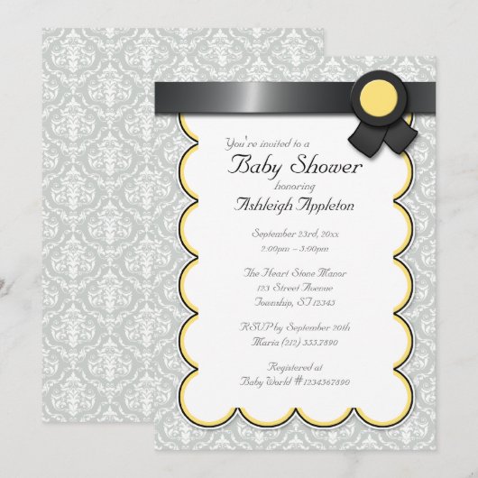 Geel en grijs Damask Baby Shower-uitnodigingen Kaart (Voorkant / Achterkant)