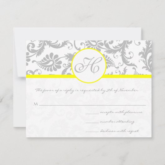 Geel en grijs Damask RSVP invoegen (Achterkant)