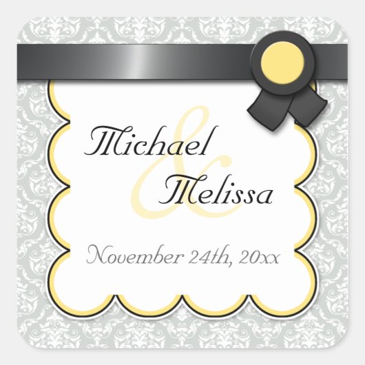 Geel en grijs Damask Wedding Favor Stickers (Voorkant)