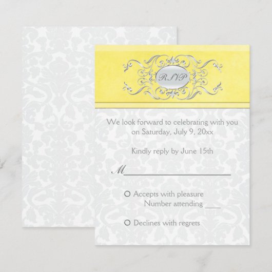 Geel en grijs damast antwoordkaart RSVP kaartje (Voorkant / Achterkant)