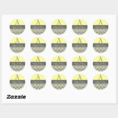 Geel en Grijs Damast Bruiloft Monogram V2 Ronde Sticker (Vel)