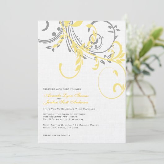 Geel en grijs dubbelbloemige bruiloft kaart (Staand voorkant)