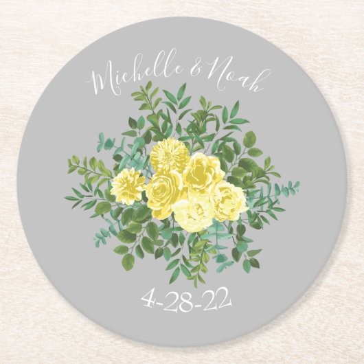 Geel en grijs  Elegant Floral Wedding Ronde Kartonnen Onderzetter (Voorkant)