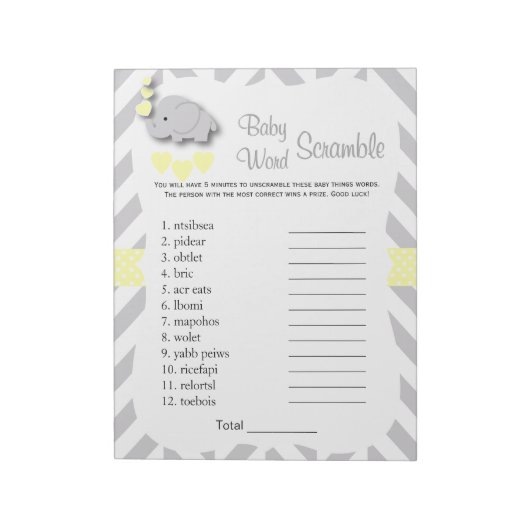 Geel en grijs Elephant Baby shower Word Game Notitieblok (Linkerzijde)