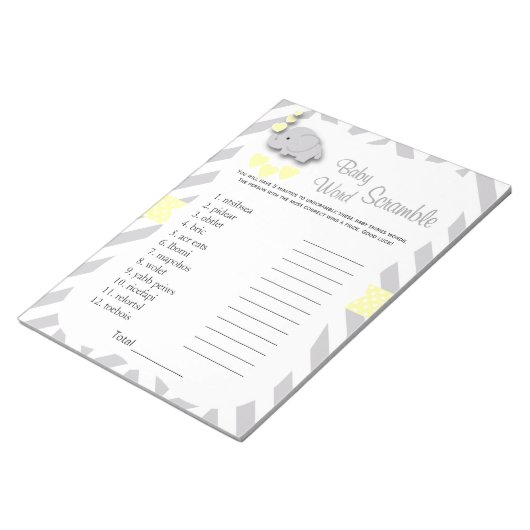 Geel en grijs Elephant Baby shower Word Game Notitieblok (Schuin)