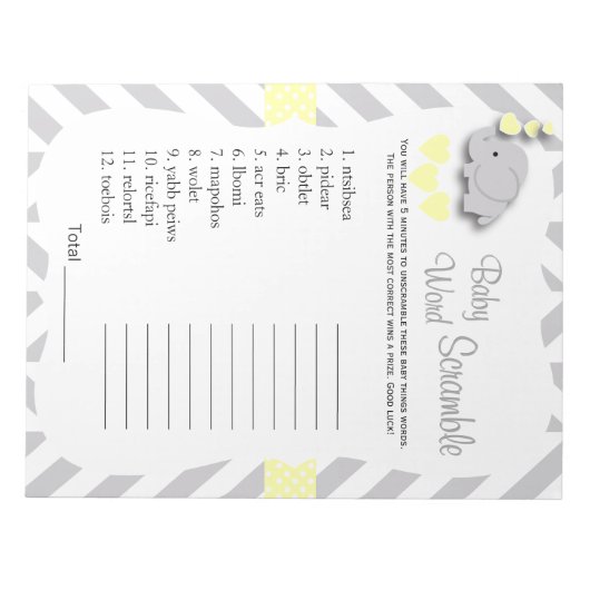 Geel en grijs Elephant Baby shower Word Game Notitieblok (Voorkant)