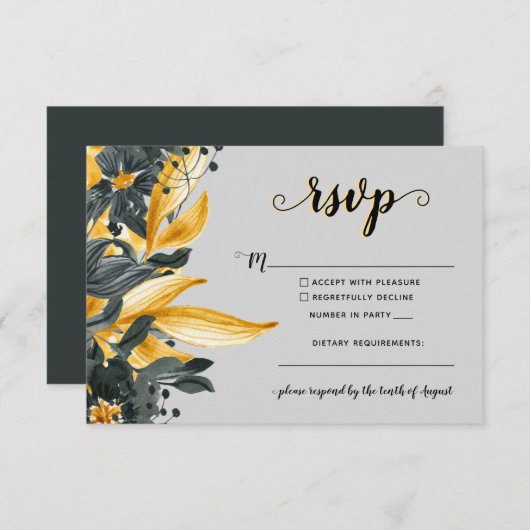Geel en grijs Floral Elegant Script Modern Weddens RSVP Kaartje (Voorkant / Achterkant)