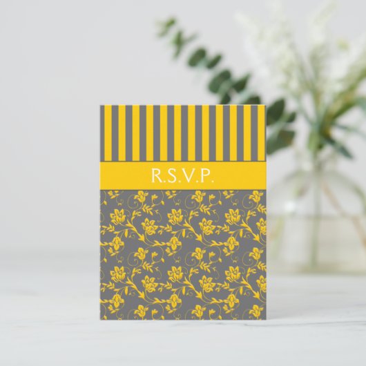 Geel en grijs Floral Striped RSVP Card Kaart (Staand voorkant)