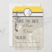 Geel en grijs Funky Swirls Weddenschap Save the Da Date (Achterkant)