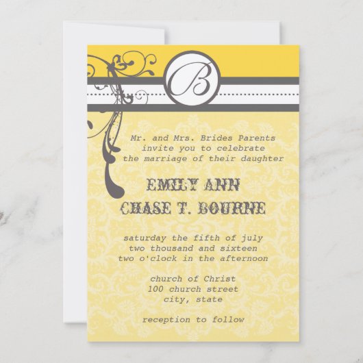 Geel en grijs Funky Swirls Weddenschap Save the Da Save The Date (Achterkant)