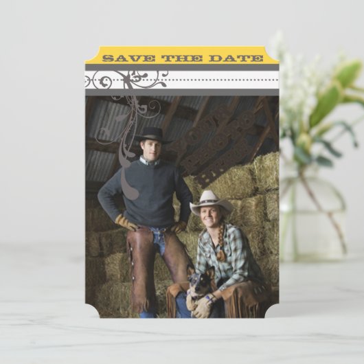 Geel en grijs Funky Swirls Weddenschap Save the Da Save The Date (Staand voorkant)