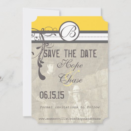 Geel en grijs Funky Swirls Weddenschap Save the Da Save The Date (Achterkant)