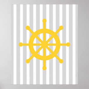 Geel en grijs gestreept Nautical Shield Wheel Poster