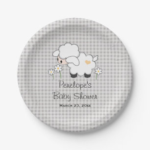 Geel en grijs Gingham Lamb Baby shower Papieren Bordje