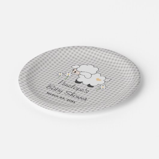 Geel en grijs Gingham Lamb Baby shower Papieren Bordje (Gekanteld)
