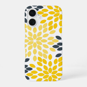 Geel en grijs houtskool modern bloemmotief iPhone 16 hoesje
