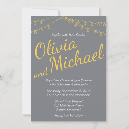 Geel en grijs huwelijksuitnodiging met licht kaart (Voorkant)