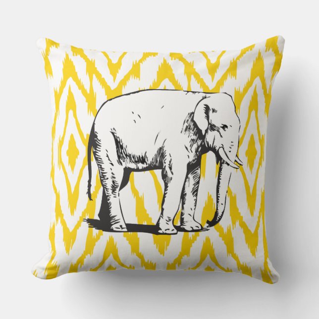 Geel en grijs Ikat White Elephant Pillow Kussen (Voorkant)
