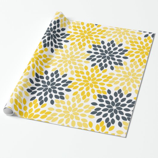 Geel en grijs Kool Moderne Floral Cadeaupapier (Uitgerold)