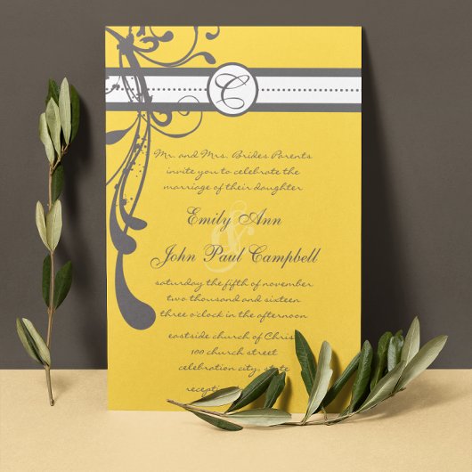 Geel en grijs Modern Wedding Invite Kaart