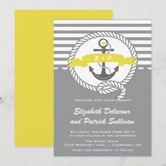 Geel en grijs Nautical Beach Wedding Invitation Kaart (Voorkant / Achterkant)