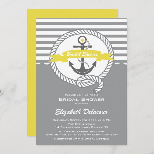 Geel en grijs Nautical Bridal Shower Invitation Kaart (Voorkant / Achterkant)
