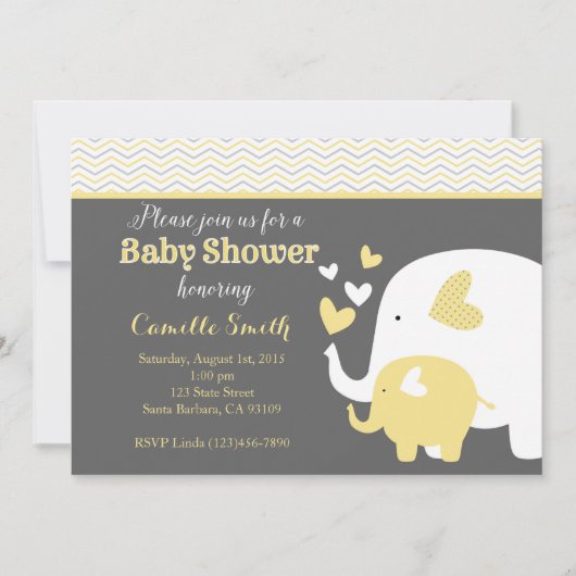 Geel en grijs olifant Baby shower Kaart (Voorkant)