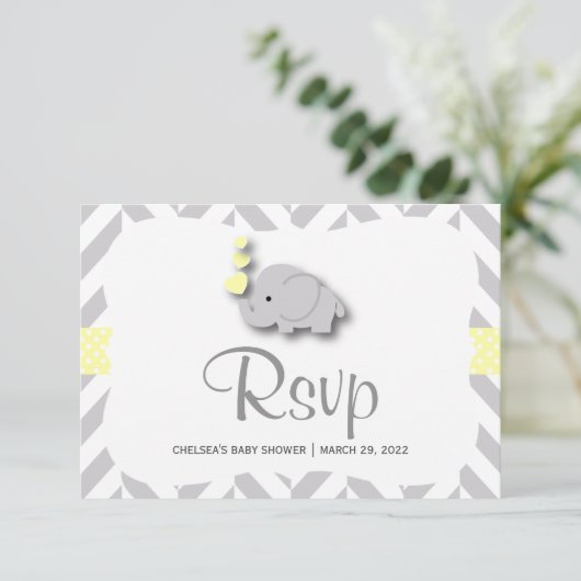Geel en grijs olifant Baby shower - RSVP (Staand voorkant)