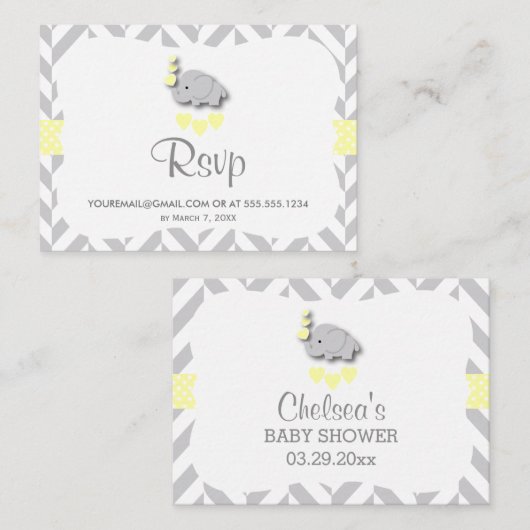 Geel en grijs olifant Baby shower - RSVP Informatiekaartje (Voorkant / Achterkant)