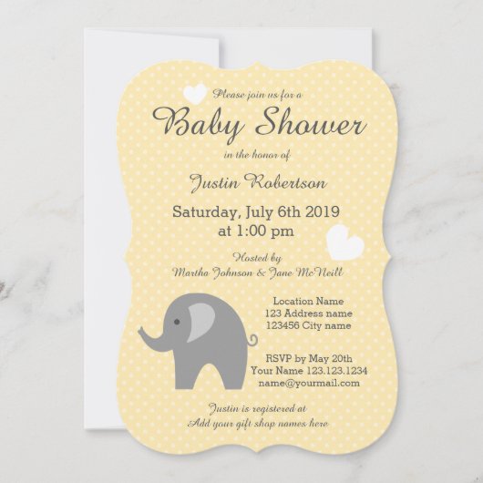 Geel en grijs olifant babyshower uitnodigingen (Voorkant)