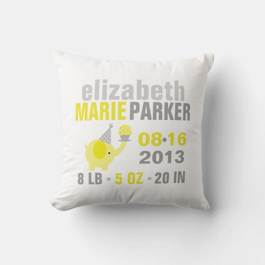 Geel en Grijs Olifant Geboorte Aankondiging Kussen (Voorkant)