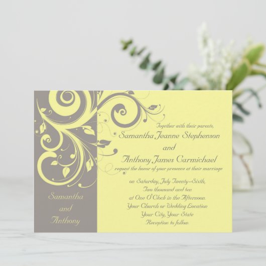Geel en grijs omgekeerde werveling bruiloft uitnod kaart (Staand voorkant)