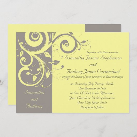 Geel en grijs omgekeerde werveling bruiloft uitnod kaart (Voorkant / Achterkant)