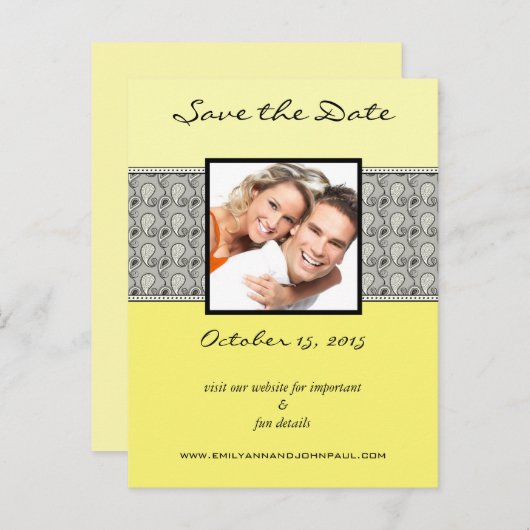 Geel en grijs paisley bespaart de datum waarop je aankondigingskaart (Voorkant / Achterkant)