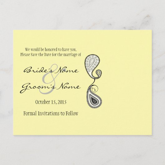 Geel en grijs paisley bespaart de datum waarop je aankondigingskaart (Achterkant)