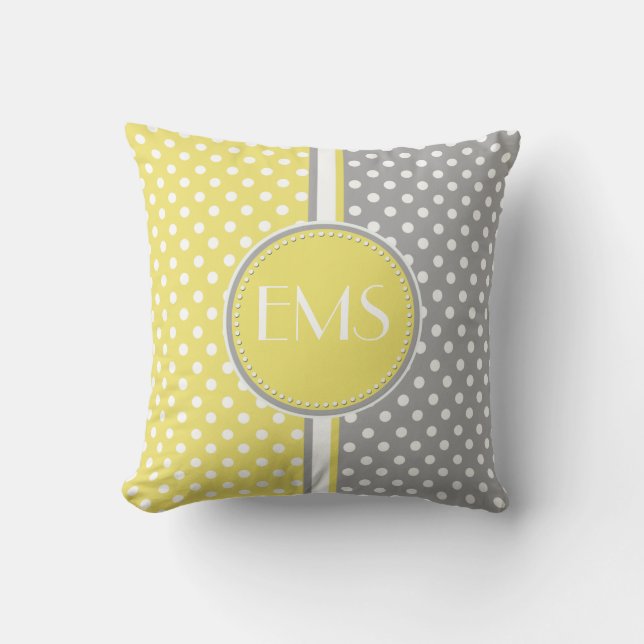 Geel en Grijs Polka Dot Monogram Kussen (Voorkant)