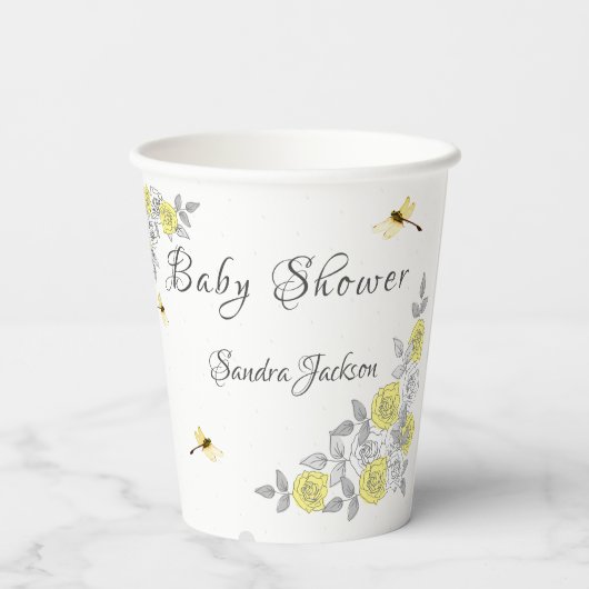 Geel en grijs Roos Baby shower Papieren Bekers (Achterkant)