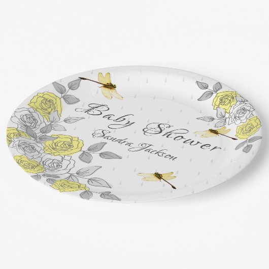 Geel en grijs Roos Baby shower Papieren Bordje (Gekanteld)